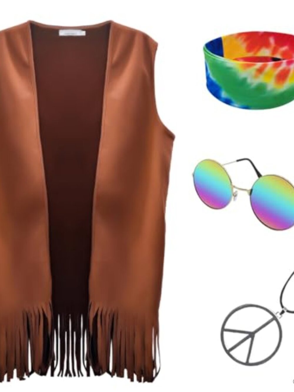 Mens 60s 70s Faux Suede Tassel Vest Hippie Costume Set